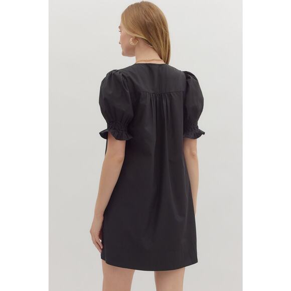Entro Black Smocked Puff Sleeve Mini Dress | Babydoll V-Neck Button Sz M - NWT - Picture 3 of 4